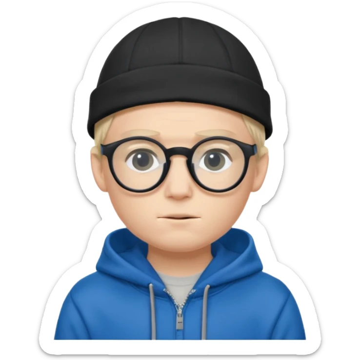 a shy boy wearing thick black glasses (nerd) and hide all his hair under a blue cap, wearing a normal hoodie (ios memoji) sticker