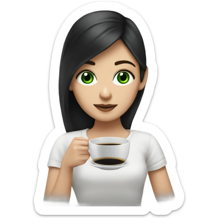 A white girl with black hair, green eyes, and a cup of black coffee in sus manos  sticker