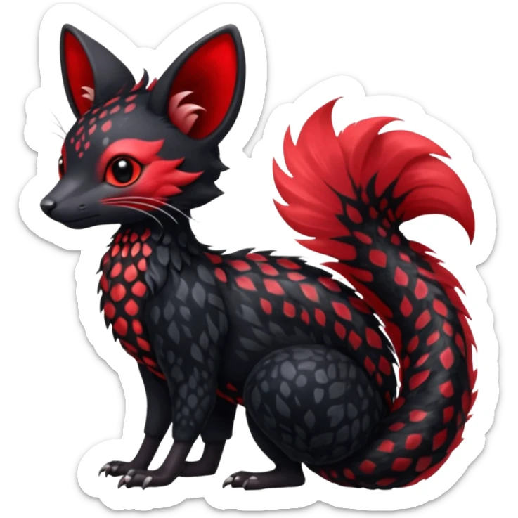 Feral Rare Fantasy shiny soft fuzzy furry vibrant tropical obsidian-black and crimson-red Vernid-Trico-species-creature by LiLaiRa, random markings, tufted tail, tufted ears, full body with markings sticker