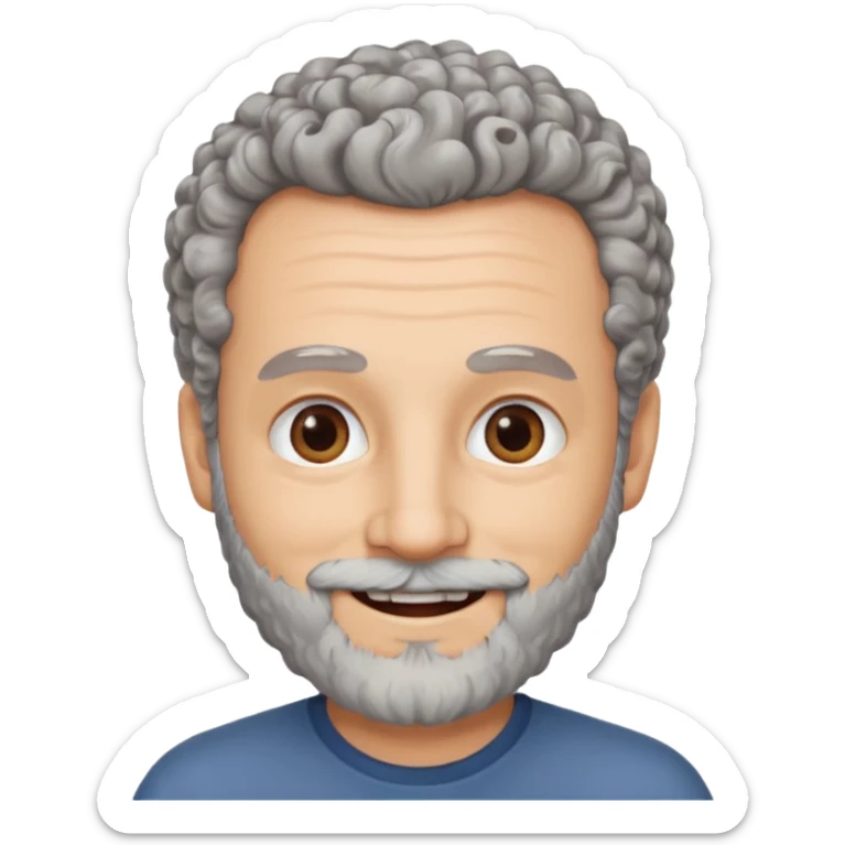 Illustrated emoji of a middle aged man with receding grey curly hair, brown eyes, white skin and a beard sticker
