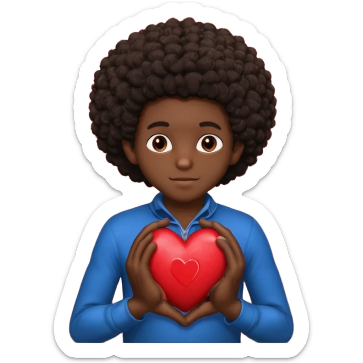 I want a black boy with chocolate skin and a small messy afro holding a heart with the name “Aja” in black close to his chest with his hands over the heart as if to present it to someone he loves. sticker