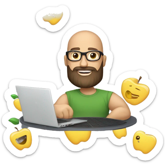memojy of a man, with the laptop in front, apple style, modern, a well-trimmed beard, bald hair, Marvel t-shirt, computer in hand --ar 1:1 sticker