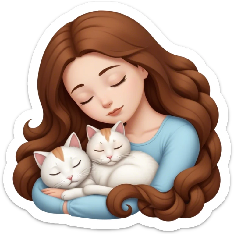 A pretty white girl with very long brown hair and sleeping curled up to a white cat  sticker