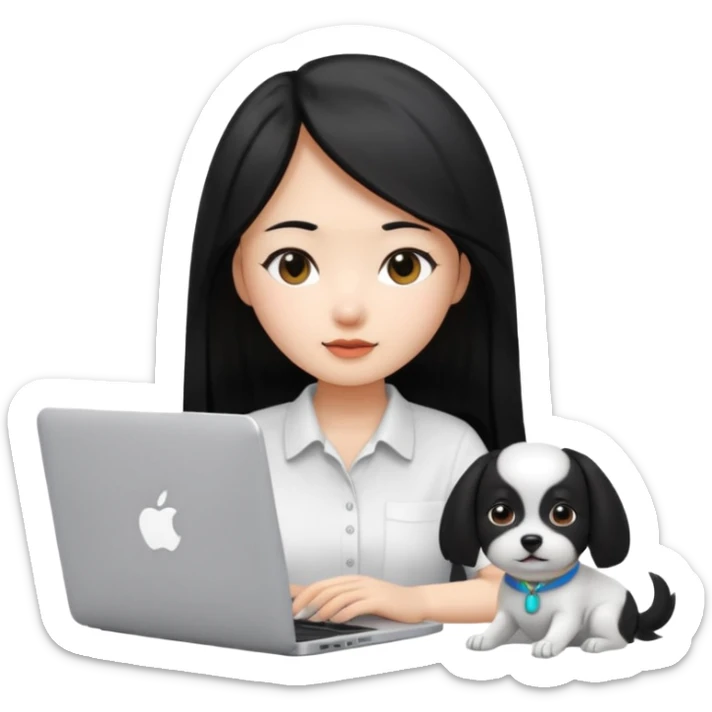 Blue back ground, Asian girl with long black hair , wearing a white shirt, working on an Apple laptop, next to her is a small black and white dog sticker