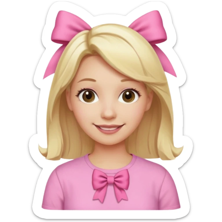 A mom with blonde hair and pink shirt coquett aesthetic style like bows and pink sticker