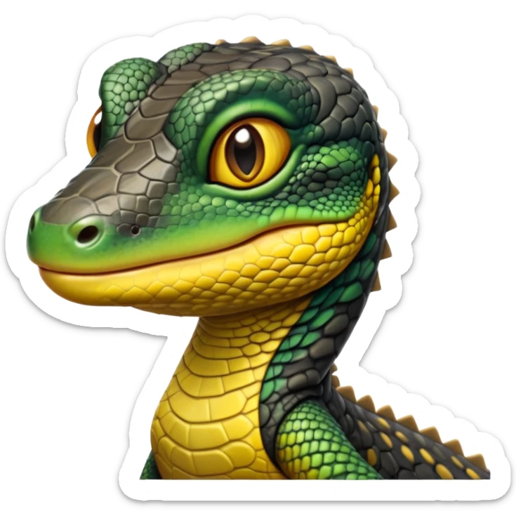 cinematic-realistic-cute-monitor-lizard-portrait-emoji,-head-tilted-playfully-and-inquisitively,-featuring-a-compact,-agile-body-with-finely-detailed,-glossy-scales-in-earthy-black and yellow-hues-and-a-distinct,-alert-face-with-bright,-curious-eyes, black , yellow spotted and green band  scales and a big long neck sticker