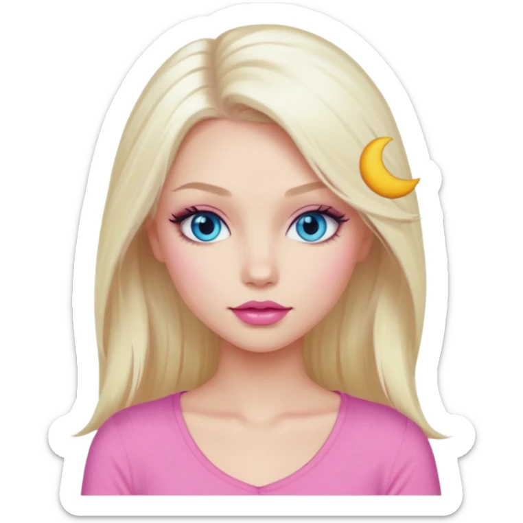 Girl with long platinum blonde hair, blue eyes, long lashes, sexy pink lips, wearing a pink top sticker