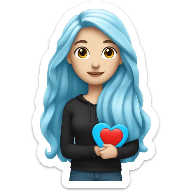 white girl with long blue hair in a black sweatshirt holding a blue heart sticker