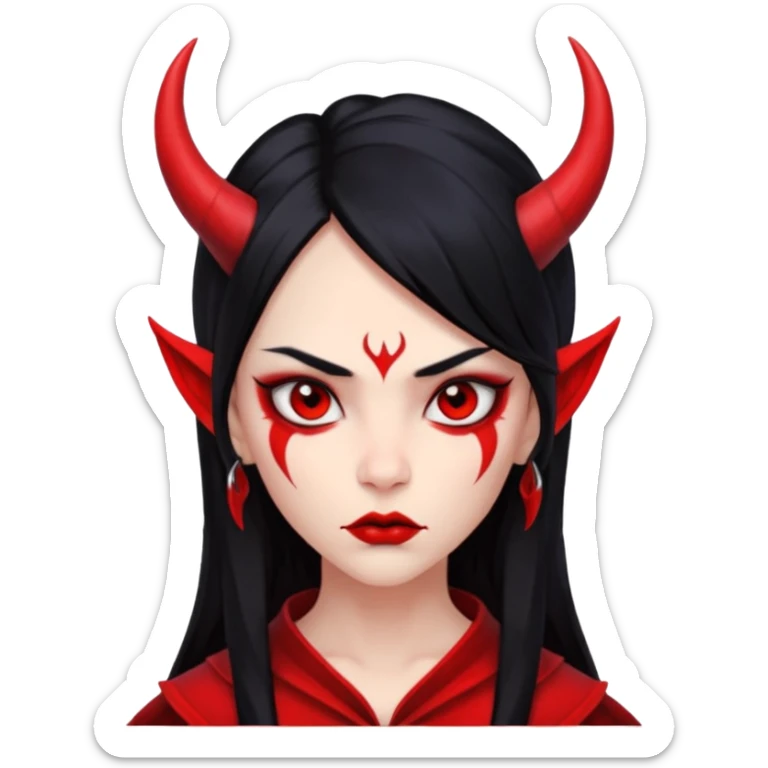 Head only: demon girl, 100% red skin, long black hair, small horns, sharp cheekbones, serious eyes, full lips, pointed ear; centered, no body, no text. sticker