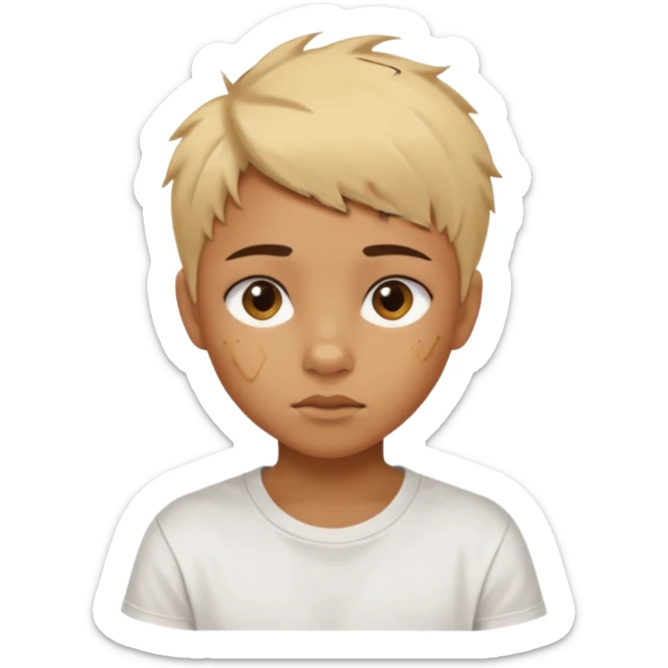 caramel skin color. Teen age. Short buzz, messy blonde hair, large expressive golden-brown eyes, brown skin color, scar over nose, wearing a plain white t-shirt. sticker