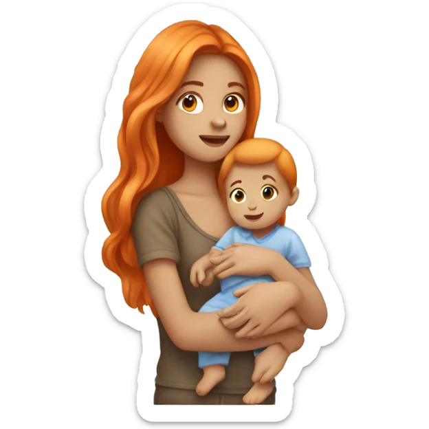 Girl with long orange hair holding baby boy with brown hair  sticker