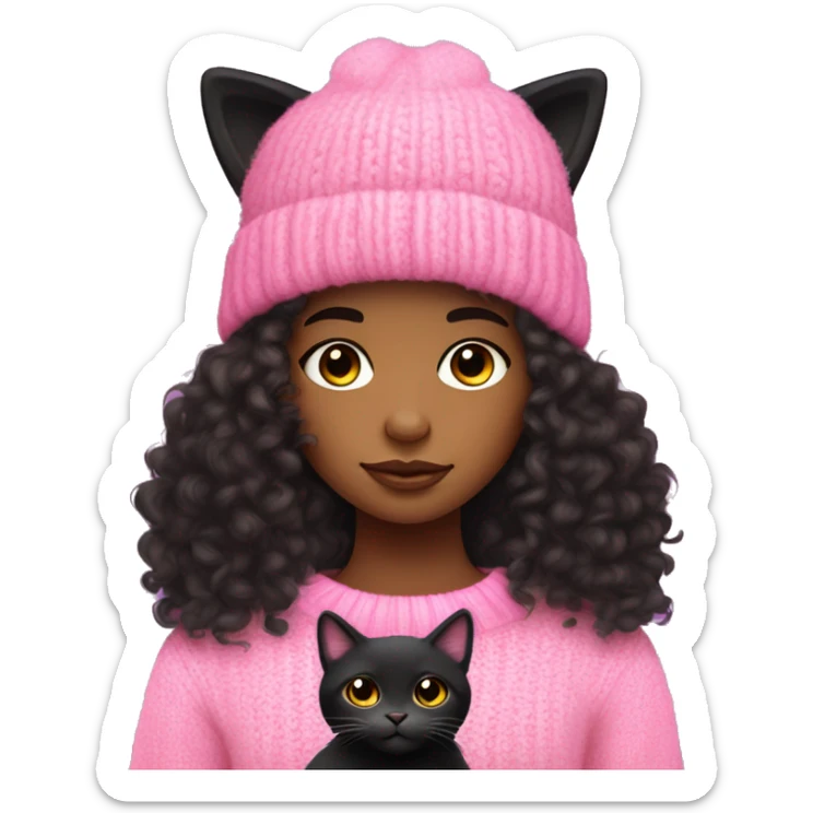 A black light skinned teenager girl with Long curly hair wearing a pink knit sweater and pink hat. The girl is holding a black fluffy cat sticker