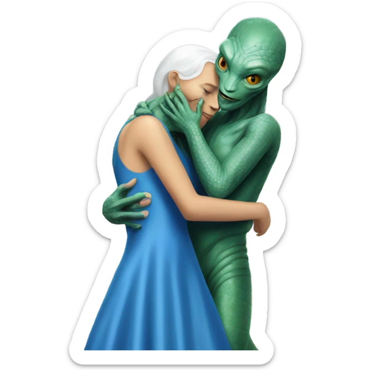 White man in blue dress  hugs and kissing Alien reptilian woman in silver dress  sticker