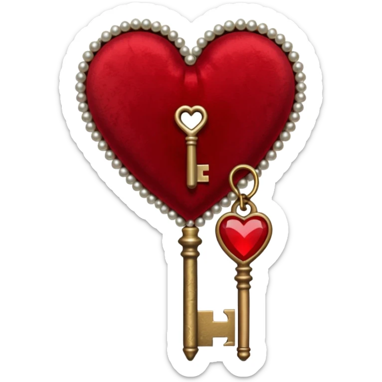 red heart with a gothic key, velvet ribbon, and pearls, dark romance sticker