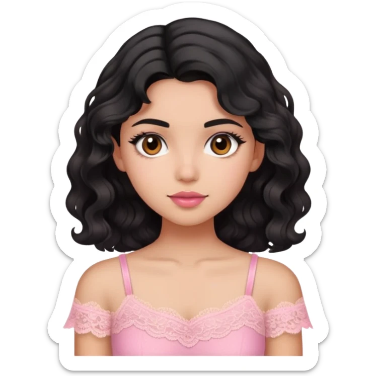 A girl with morena skin tone and black wavy hair wearing pink lace top sticker