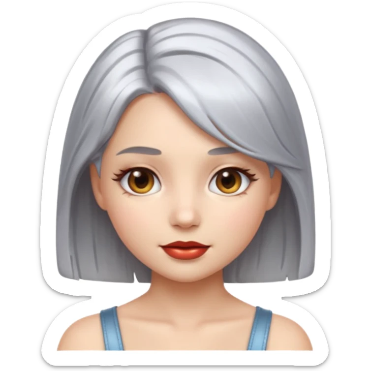 sexy Girl emoji with metallic silver hair, iOS emoji style, soft facial features, glossy chrome hair texture, minimal shading, clean background, modern aesthetic sticker