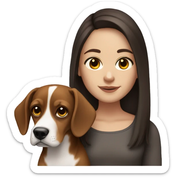 white girl with dark brown long hair, dark brown eyes and small beagle Dog sticker