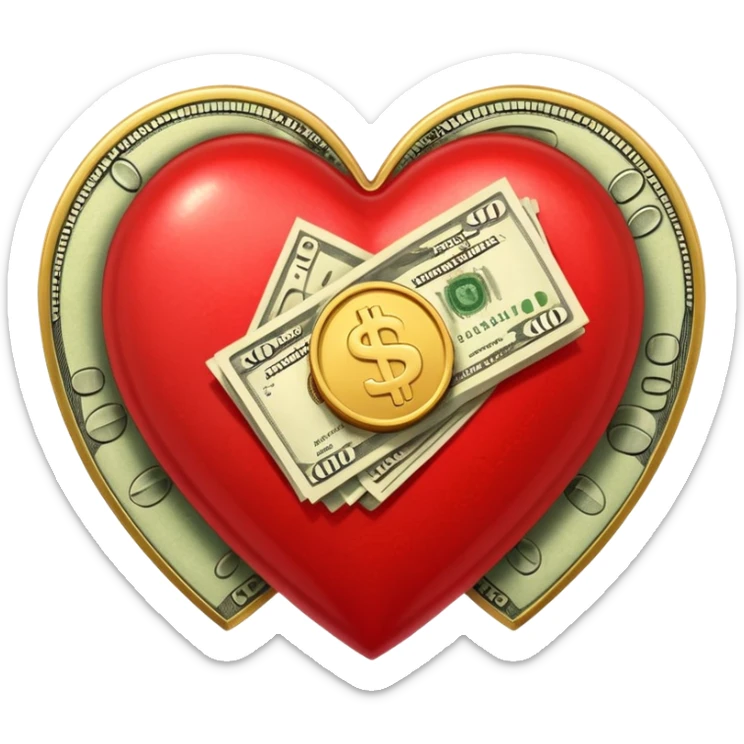 "Realistic HD heart fully merged with money, red glossy heart seamlessly fused with cash textures and gold tones, glowing dramatic light, symbolizing love and wealth becoming one, white background." sticker