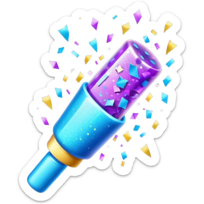 Emoji with glowing confetti popper, purple and blue colors emitting confetti and glitter, creating a bright festive atmosphere sticker