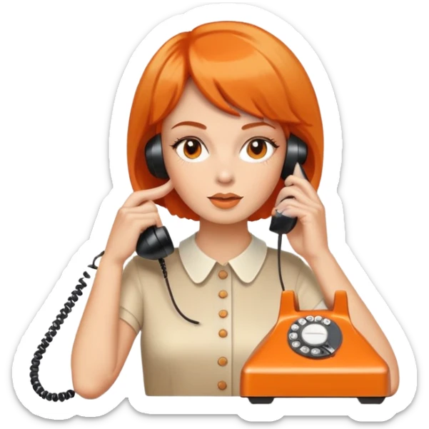 upper body of a woman with short orange hair talking on a white 70s phone sticker