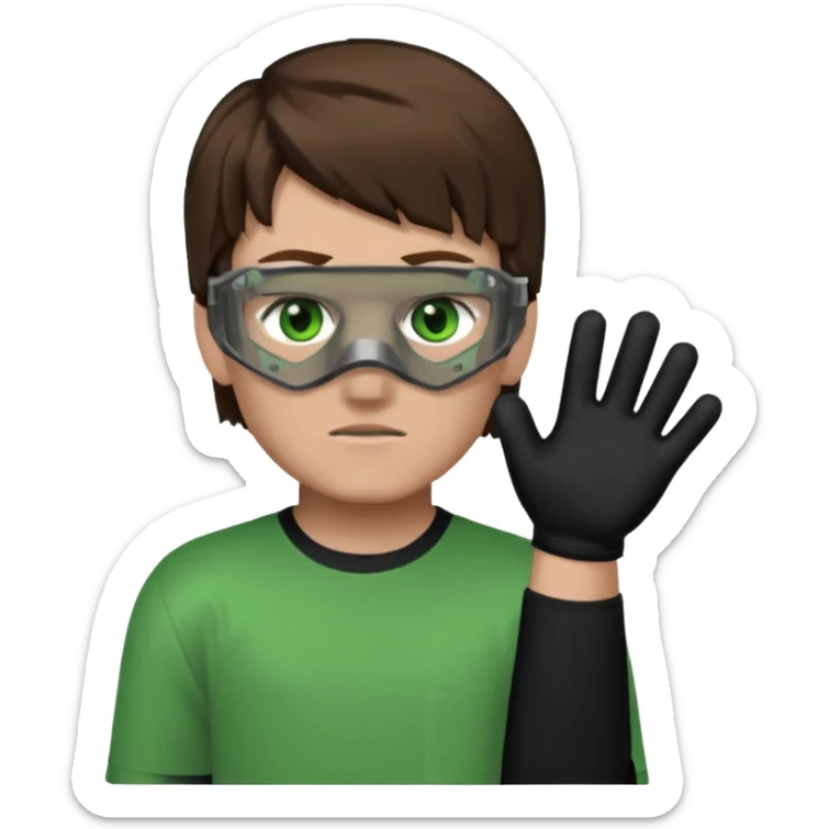 Chico de pelo marrón, ojos verdes y la mitad de la cara color gris ceniza. Con un cubre bocas negro, que tiene una camisa verde por encima de una remera blanca, y tiene un guante negro en una sola de las manos. Estilo minecraft sticker