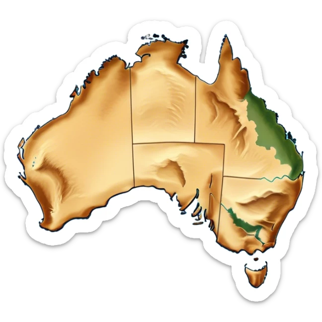 Cinematic-realistic outline of Australia, featuring its distinct landmass with accurately defined coastlines. The deep blue ocean surrounds the golden-brown continent, with subtle topographic shading to highlight its terrain. A soft glowing effect enhances the edges, making the shape stand out against a neutral, textured background. sticker