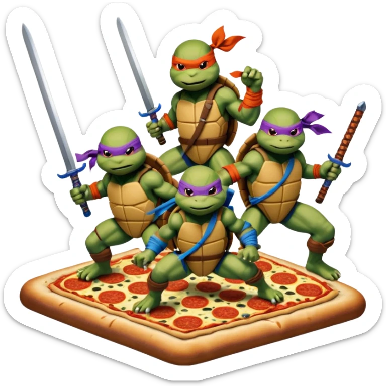 Vector emoji sticker of 4 Ninja Turtles: Leo (blue/swords), Raph (red/sais), Donnie (purple/staff), and Mikey (orange/nunchucks). Action poses, NYC rooftop, pizza box, bold comic style, white border. sticker