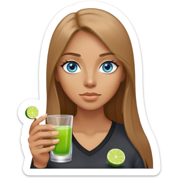 tan woman, black shirt, long light brown straight hair, grey blue eyes, holding a shot with lime sticker