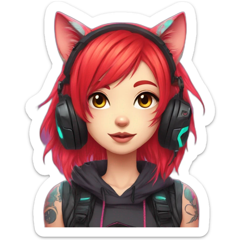 Anime cat gamer girl cyberpunk neon red hair tattoo sticker