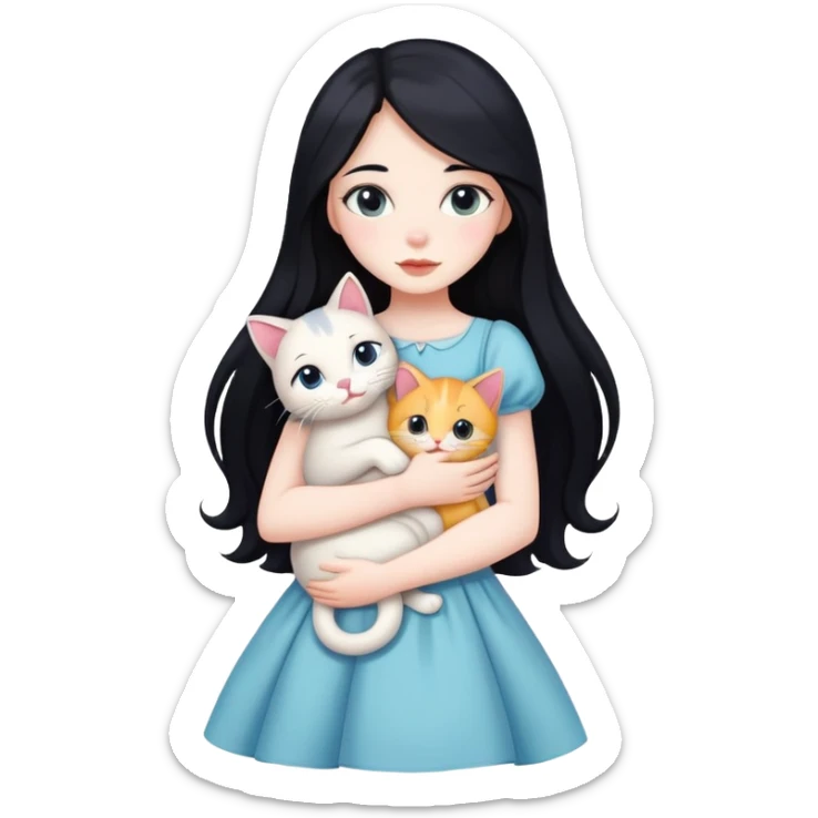 A beautiful girl with long black hair wearing a dress hugs a cat of three colors sticker