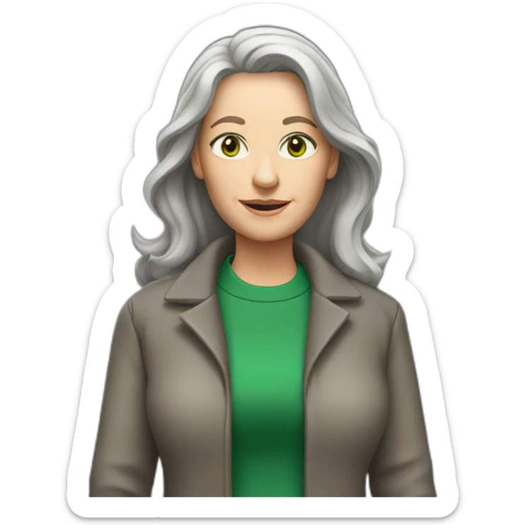 28 old women, white skin, long brown-blond hair, green eyes, red shirt in a gray jacket sticker