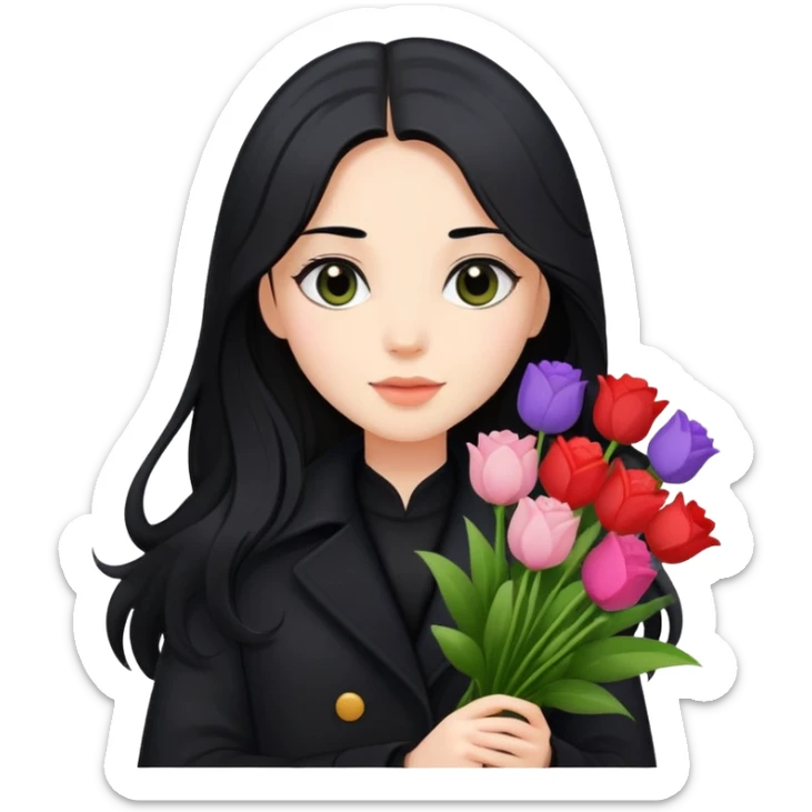 beautiful girl with long black hair wearing a black coat holding a bouquet of flowers sticker