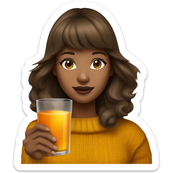 brown haired girl White woman with long dark brown hair and face framing layered bangs dressed in a mustard yellow sweater with a birthday hat and holding a glass filled with orange liquid with ice cubes  sticker