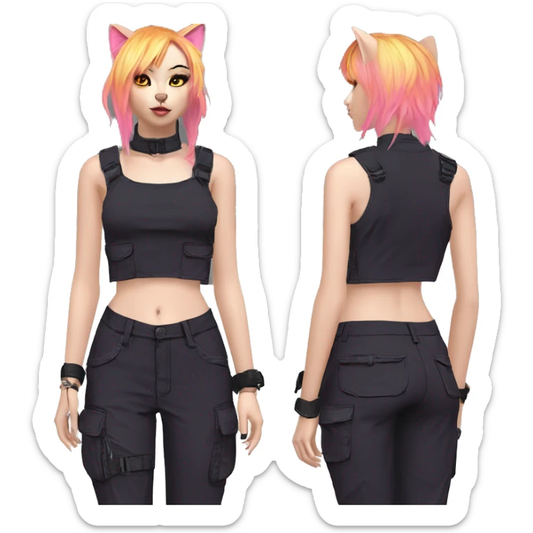 Edgy Anthro cool pretty colorful dark cat-fursona techwear cargo pants crop top sticker