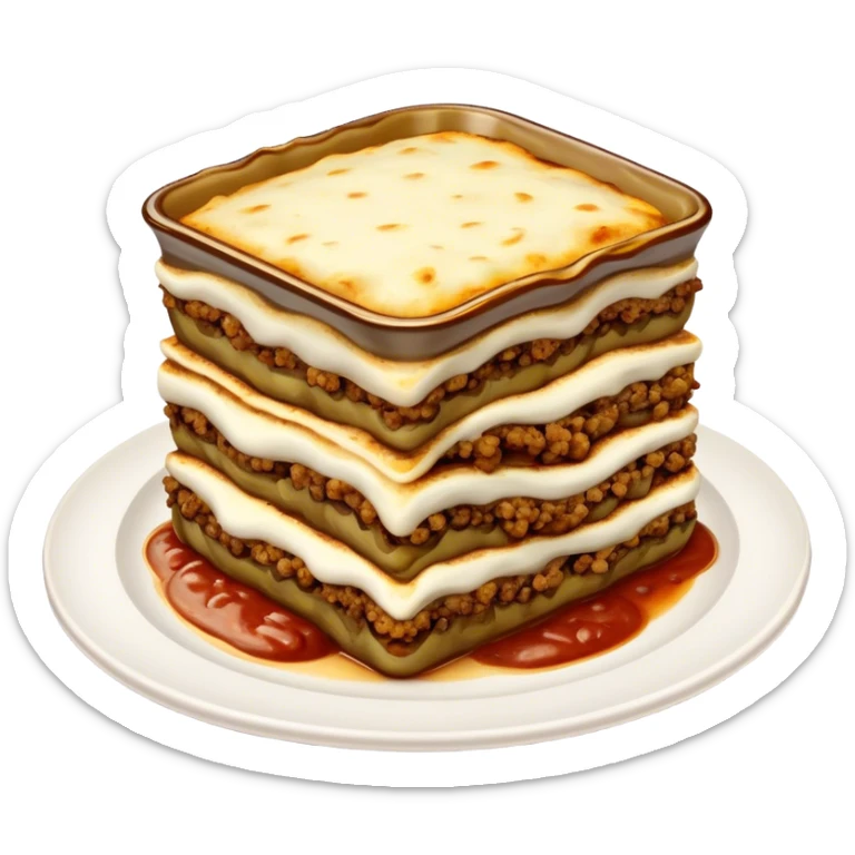 Cinematic Realistic Moussaka Dish Emoji, depicted with layers of eggplant, minced meat, and b√©chamel sauce rendered with rich textures and warm, inviting lighting that captures its Mediterranean flavor. sticker