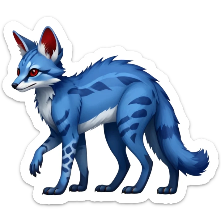 Feral Rare Fantasy sapphire-blue Vernid-Sergal-Genet-species by LiLaiRa, random markings, tufted ears, full body, 4 legs, darker ears, darker legs, red markings, white belly sticker