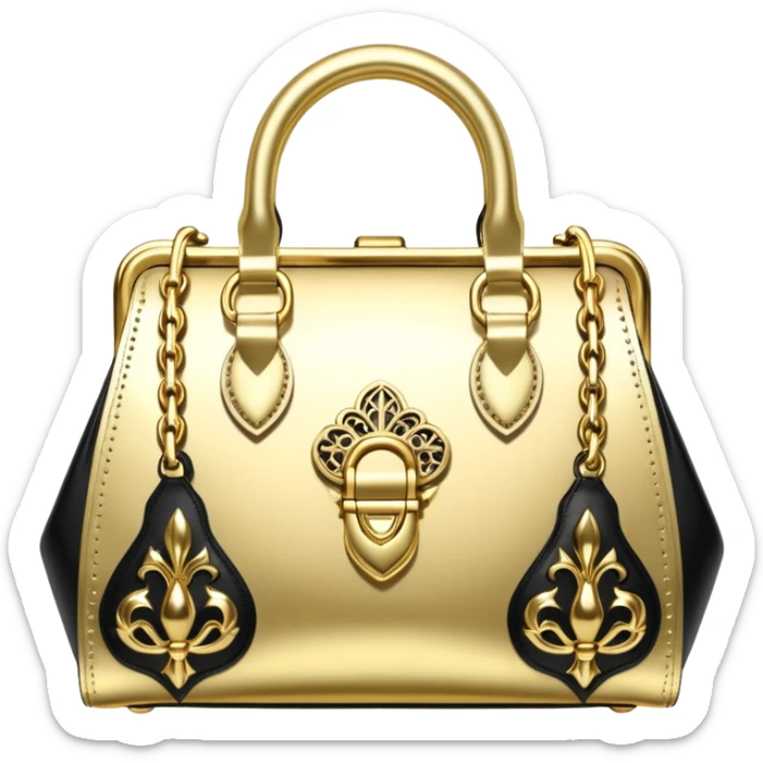 Alexander McQueen brand, metallic gold handbag with gothic style, detailed embellishments. 8k, 5000x5000px, 3D rendering, realistic, isolated still life, no emoji faces no emoji icons no human figures  sticker