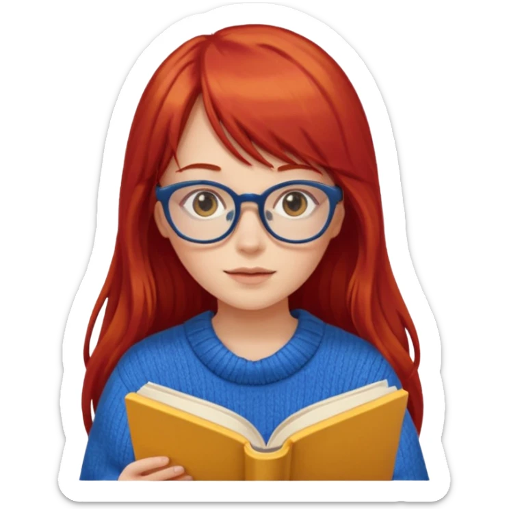 a girl with long red hair and bangs with glasses wearing blue sweater reading a yellow cover book sticker