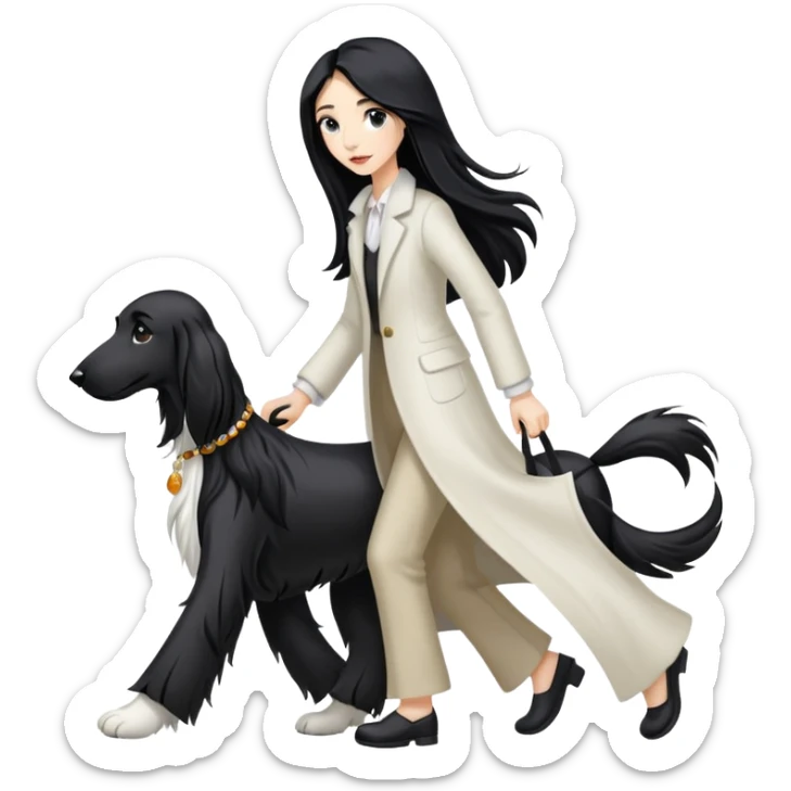 A girl with long black hair walks a black and white Afghan hound sticker