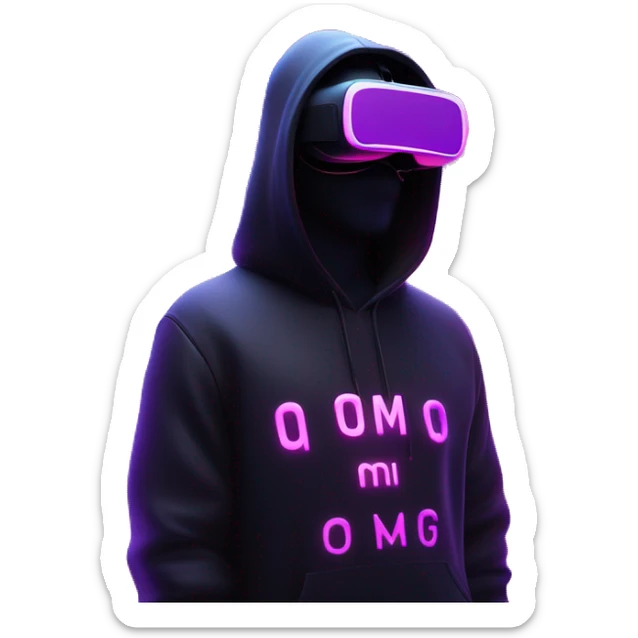 Donald Trump wearing a black hoodie with "OMG" letters on it and VR headset oculus quest 2 in a cyberpunk VR environment with violet neon lighting. sticker