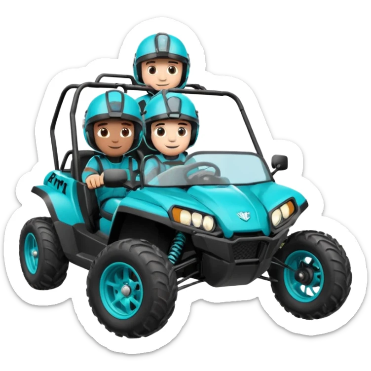 Polaris torqouise buggy atv , swat racing written on the door, 2 brown boys with helmets on inside the car sticker