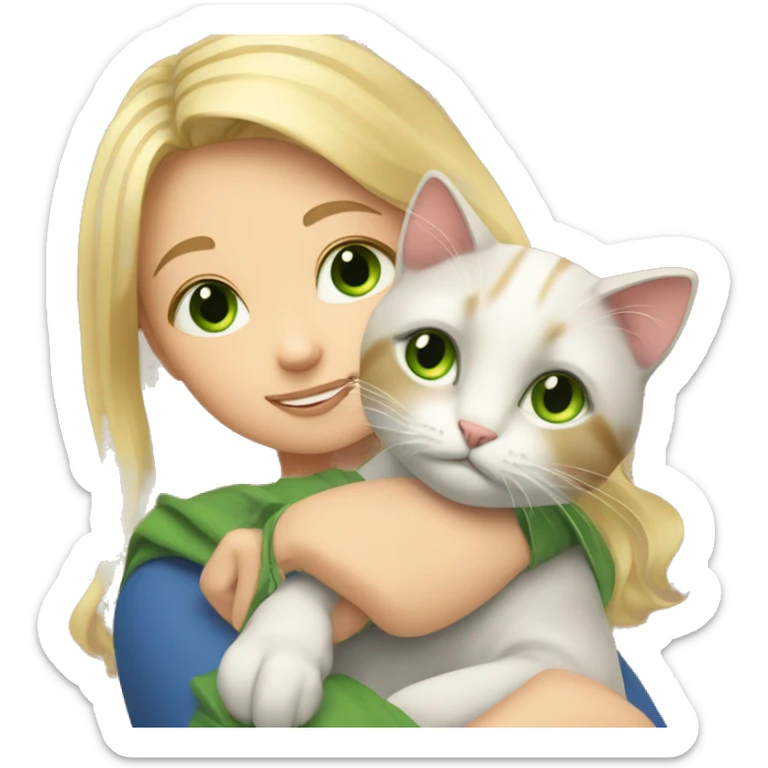 A girl with blonde hair and green eyes hugs a tricolor cat sticker