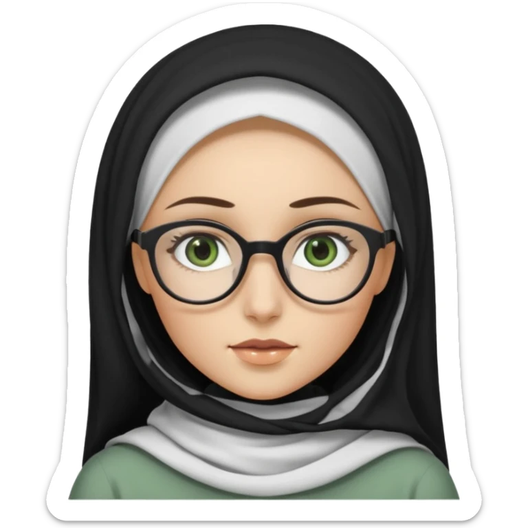 White hijabi girl with black eyes and black long hair white girl and black eyes wearing glasses and a white skin girl with curly honey hair and green eyes sticker