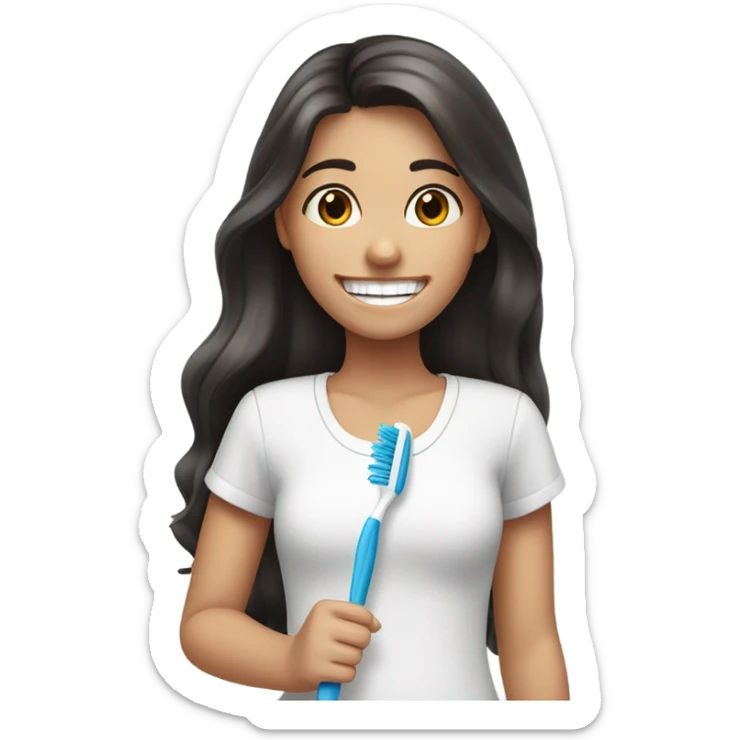 A beautiful girl with long dark hair, brown eyes, who smiles and has braces on her teeth. She has a toothbrush in her hand. sticker