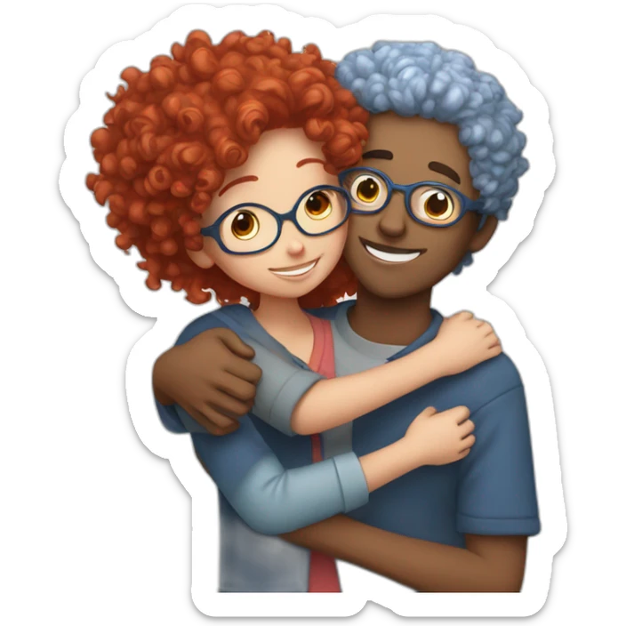 a girl with red curly hair and blue glasses hugging a boy with gray hair sticker