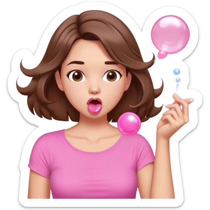 A digital illustration of a cartoon-style woman with shoulder-length brown hair, wearing a pink shirt. She is blowing a pink bubble gum bubble while playfully twirling a strand of her hair with her fingers. Her facial expression is relaxed and carefree. The background is plain white sticker