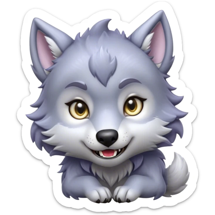 Cinematic Cute Werewolf Portrait Emoji, with a cuddly, miniature lupine form in soft moonlit grays and silvers, featuring oversized sparkling eyes and a sweet, endearing snarl, simplified yet irresistibly adorable, highly detailed with a gentle glowing outline that captures the playful, heartwarming essence of a little werewolf! sticker