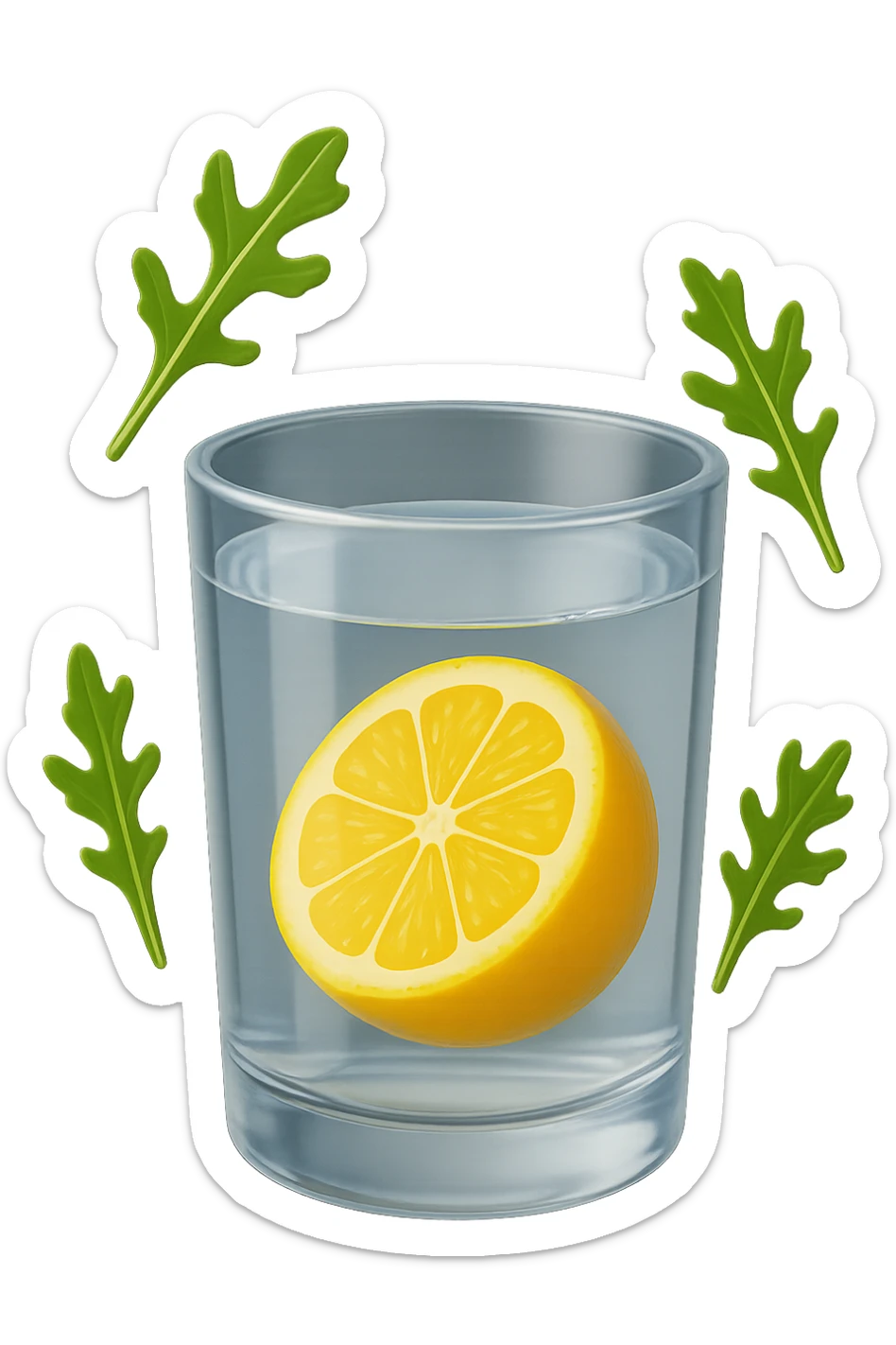 emoji stile iphone 3d di un bicchiere di acqua con limone e qualche foglia di rucola che fluttua intorno in aria, iperrealistico 4k sticker