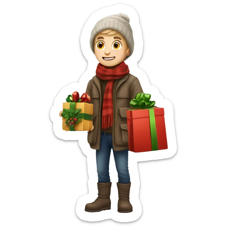 German boy going christmas shopping, buying a lot of gifts, wearing warm clothes sticker
