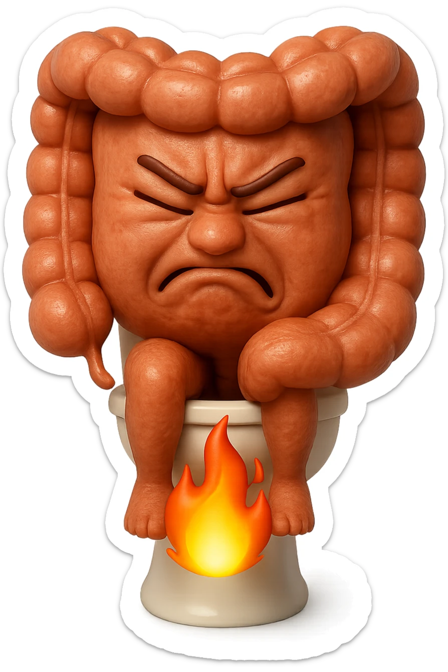 SU QUESTO STILE FAI UN EMOJI STILE IPHONE 3D DI UN INTESTINO CHE sta seduto sul wc e dal wc in mezzo alle sue gambe esce una fiamma stile emoji iphone, FAGLI UN ESPRESSIONE di dolore mentre si sforza E FALLO MOLTO REALISTICO IN 3D sticker